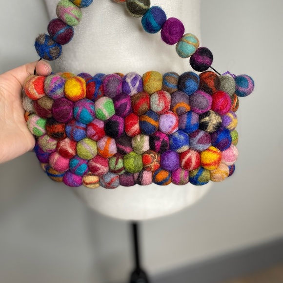 Vintage Felt Ball 100% Wool Crossbody Purse Nepal - Picture 6 of 10